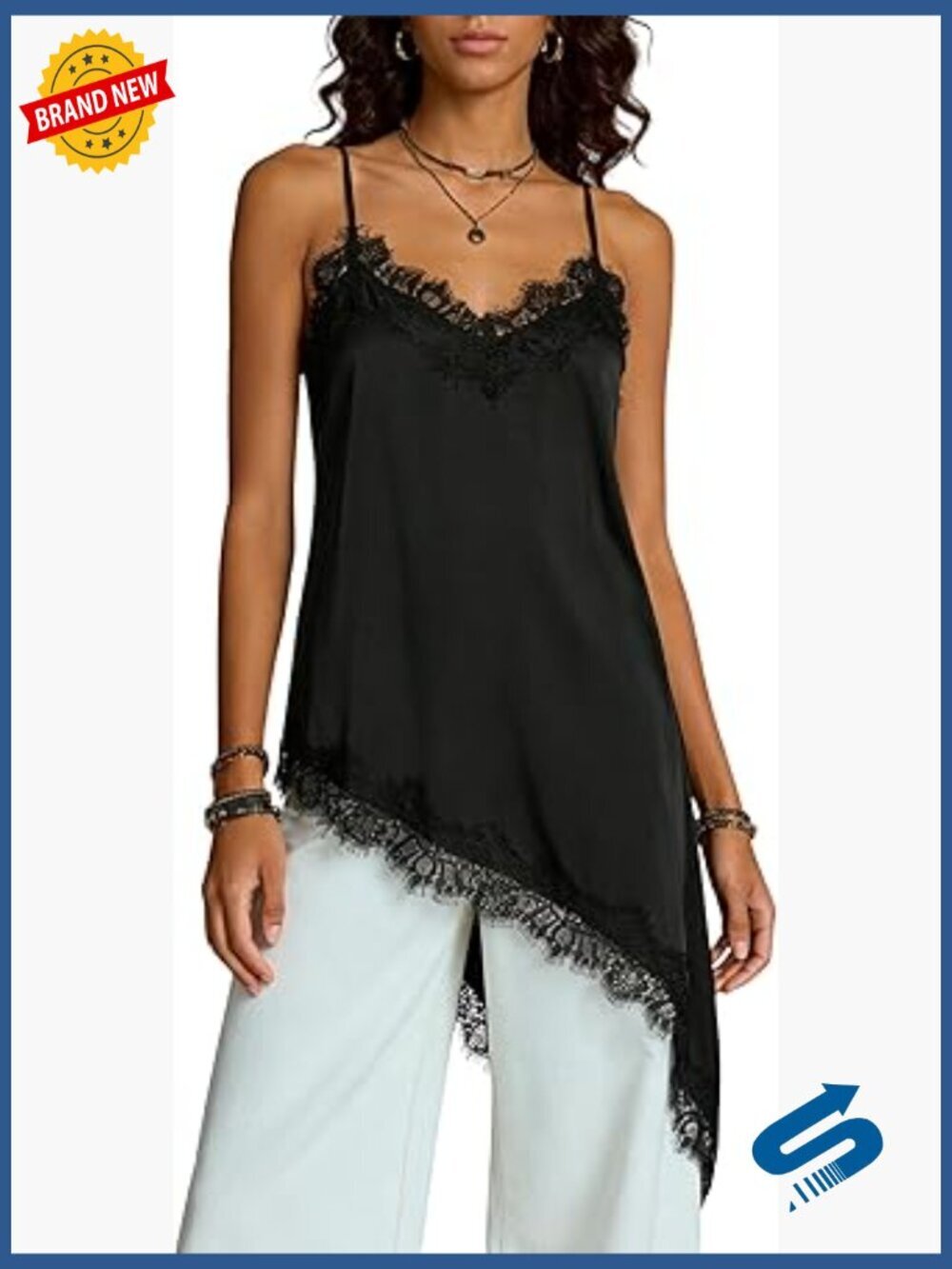 Asymmetrical Satin Camisole Lace Trim V-Neck Spaghetti Strap Going Out Top